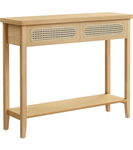 VASAGLE Consola hol 100x30x80 cm, 2 sertare, raft deschis, colturi rotunjite, stil boho, MDF si ratan PVC, bej stejar