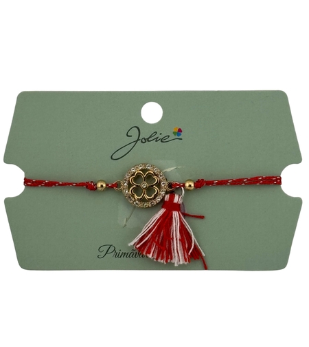 Martisor Bratara Ciucure, Jolie, Snur Rosu Reglabil, cu Pandantiv, Model Trifoi cu Patru Foi