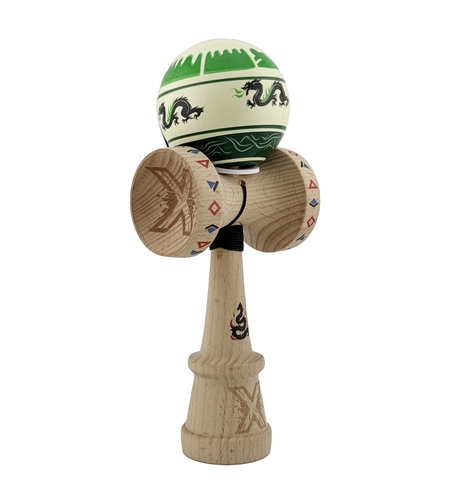 Kendama X Originala, Profesionala, Flippy, DRAGON Series, Super Sticky cu Cupe Mari King Size V3, Rulment Metalic si Gaura in Baza, din Lemn 18 cm, Ata 62/65 cm, Verde deschis/Negru