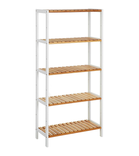 SONGMICS Raft de depozitare din bambus, 5 polite, pentru bucatarie sau baie, 130x60x26cm, alb si maro natur