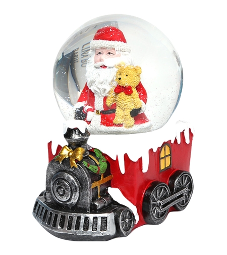 Decoratiune muzicala glob cu zapada, Mos Craciun pe tren, 9 x 10 cm, multicolor
