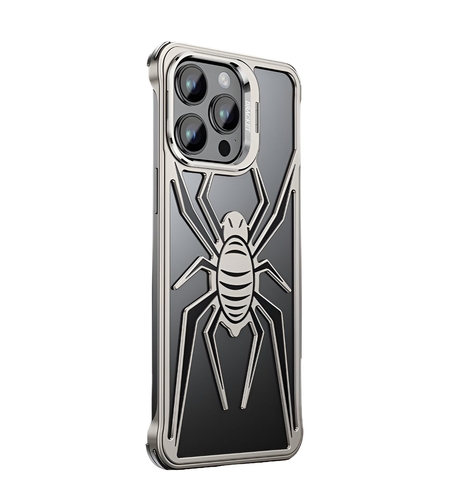 Husa de Protectie Compatibila iPhone 15 Pro, cu Suport Metalic pentru Camera, Armor Protective Series, Vafy, Antisoc, Protectie de Metal pe Margini, Model Paianjen, Negru Gri