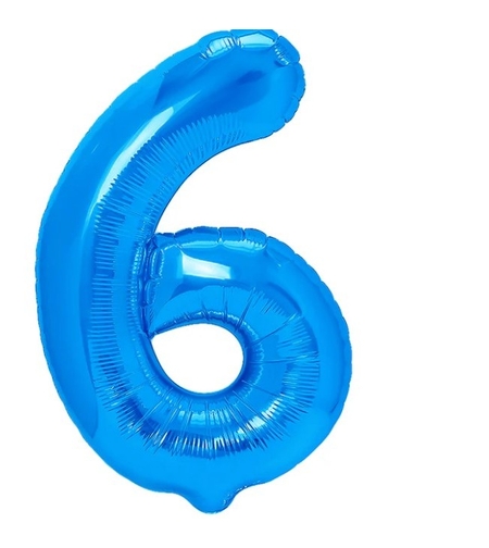 Balon din Folie Metalizata Flippy, Figurina Cifra, Tema Aniversare 40 cm, Ambalaj Individual, Pai inclus, Umflare cu Aer sau Heliu, Albastru, Cifra 6