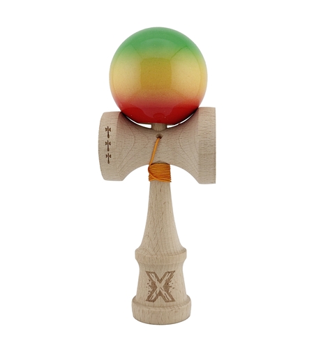 Kendama X Originala, Profesionala, Flippy, Big Cups V2, Super Sticky Cupe Mari, Rulment Metalic cu Ata 55 cm, Verde/Galben/Rosu