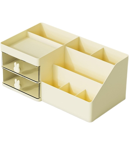 Cutie de Depozitare pentru Birou, Flippy, Pentru Makeup, Papetarie, Organizator Cosmetice, 2 Sertare si Compartimente Multiple, Model Iepuras, Plastic, 27.5x15.5x12 cm, Crem
