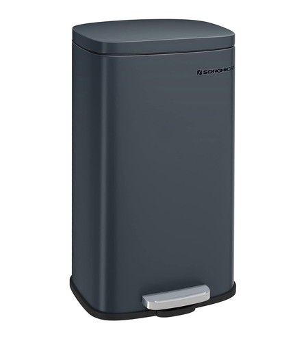 SONGMICS Cos de gunoi din otel cu pedala, galeata interioara plastic, capac inchidere lenta, 30L, 35x30x63cm, gri inchis