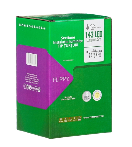 Sectiune Instalatie de Craciun, Vafy®, Tip Turturi, Fara Alimentator, 5m, 143 LED-uri, 8 Jocuri de Lumini, Fir Transparent, Lumina Alb Cald, IP44, Interconectabila