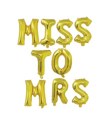 Set Baloane din Folie Metalizata, Flippy, Model Scris Miss to Mrs, Litere de 40 cm, Tema Iubire, Baloane Party, Ambalaj Individual, Pai Inclus, Umflare cu Aer sau Heliu, Auriu