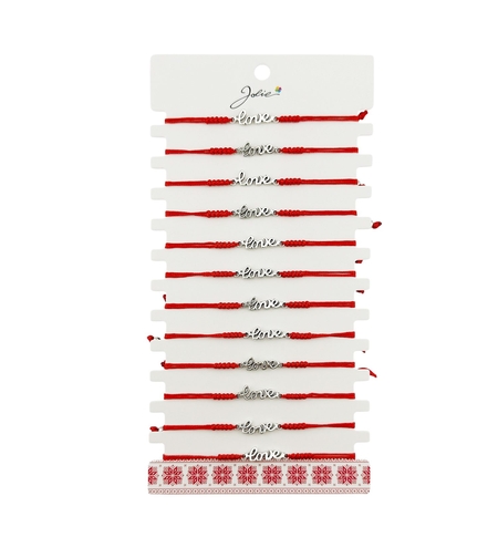 Martisor Bratara Impletita cu Pandantiv din Inox, Jolie, pentru Dama, Set 12 bucati, Snur Rosu Textil, Dimensiune Reglabila, Model Love