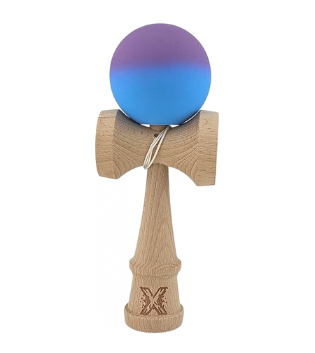 Kendama X Originala, Profesionala, Flippy, din Lemn, Rubber Grip, 18 cm, Gradient Violet/Albastru