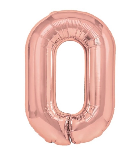 Balon din Folie Metalizata Flippy, Figurina Cifra, Tema Aniversare 40 cm, Ambalaj Individual, Pai inclus, Umflare cu Aer sau Heliu, Rose Gold, Cifra 0
