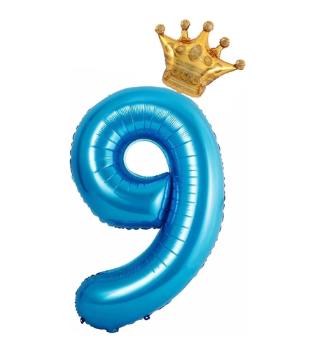 Balon din Folie Metalizata Flippy, Figurina Cifra si Coroana, Tema Aniversare 100 cm, Ambalaj Individual, Pai inclus, Umflare cu Aer sau Heliu, Albastru, Cifra 9