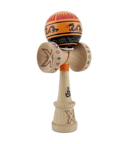 Kendama X Originala, Profesionala, Flippy, DRAGON Series, Super Sticky cu Cupe Mari King Size V3, Rulment Metalic si Gaura in Baza, din Lemn 18 cm, Ata 62/65 cm, Portocaliu/Negru