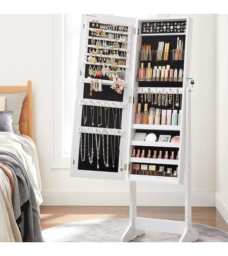 SONGMICS Oglinda de podea cu suport, design fara rama, cu spatiu de depozitare, 41x37x152cm, alb