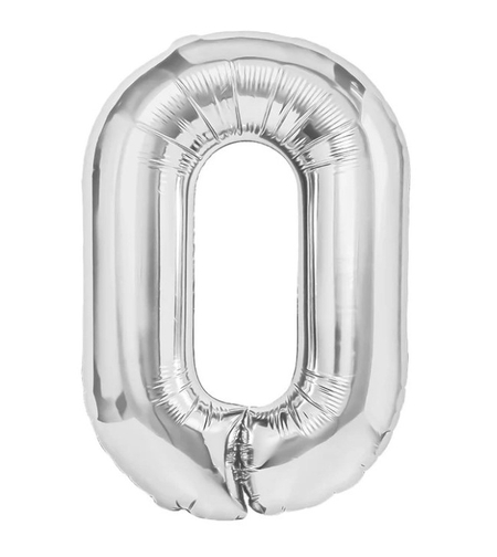 Balon din Folie Metalizata, Flippy, Figurina Cifra, Tema Aniversare 40 cm, Ambalaj Individual, Pai inclus, Umflare cu Aer sau Heliu, Argintiu, Cifra 0