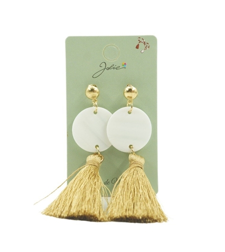 Cercei Dama de Primavara, Jolie, Model cu Ciucuri Aurii si Disc Alb, Eleganti si Moderni, 7 x 2 cm per unitate, Alb/Auriu