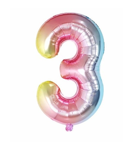 Balon din Folie Metalizata Flippy, Figurina Cifra Gradient, Tema Aniversare 40 cm, Ambalaj Individual, Pai inclus, Umflare cu Aer sau Heliu, Multicolor, Cifra 3