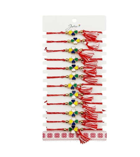 Martisor Bratara cu Ciucure pentru Dama, Jolie, Model Trifoi Colorat, Set 12 bucati, Pandativ din Inox, Snur Reglabil, Rosu/Alb