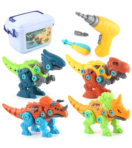 Set de Constructie/Asamblare, Flippy, 4 Dinozauri, cu Bormasina Electrica, Baterii 2 x AA, Surubelnita si Cutie Depozitare, 22.5 x 14.5 x 15 cm, Multicolor