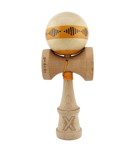 Kendama X FREQUENCY Originala, Profesionala, Flippy, Big Cups V2, Super Sticky cu Cupe Mari, Rulment Metalic, din lemn 18 cm, Ata 55 cm, Portocaliu/Maro