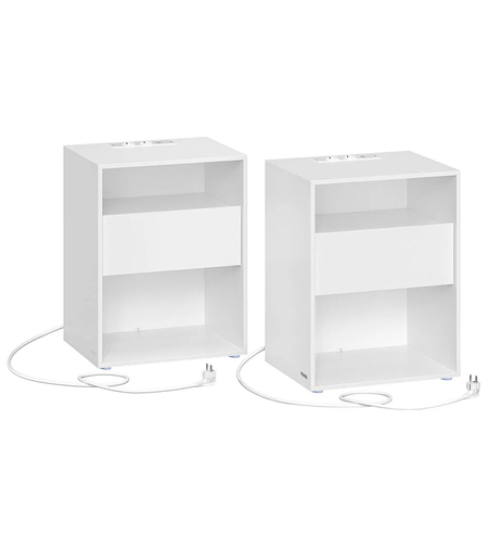 VASAGLE Set 2 noptiere cu porturi USB si prize, sertar si rafturi deschise, 45x35x58 cm, alb mat
