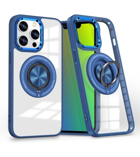 Husa de Protectie TPU, Vafy, pentru iPhone 16 Pro, cu Incarcare Wireless, Tehnologie Magsafe, Inel Magnetic Rotativ cu Functie de Suport, Transparent-Albastru Inchis