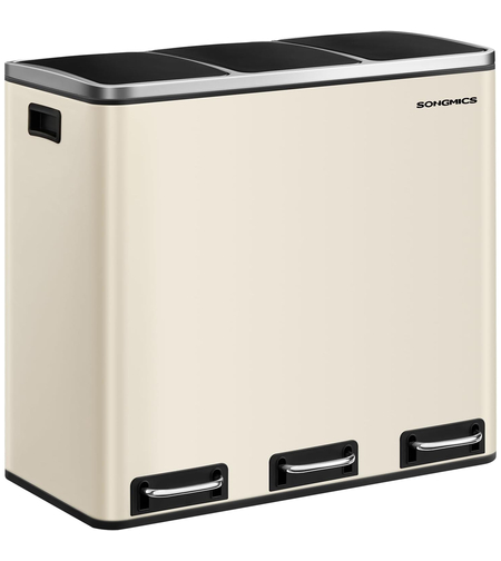 SONGMICS Cos de gunoi colectare selectiva cu 3 compartimente 3 x 18L, capace soft close, pedale, otel, 61x32x56 cm, bej