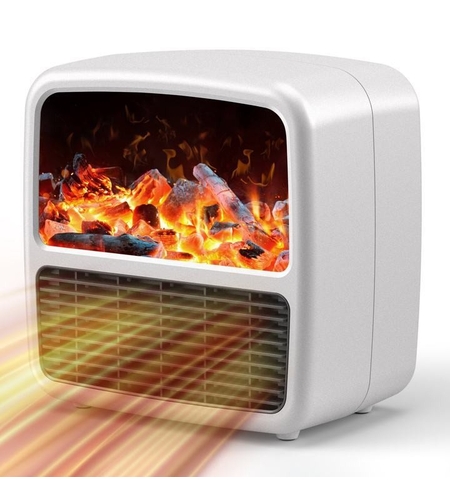 Mini Aeroterma Portabila, Vafy, Display LCD, Flacara Tip Semineu, 1500W, 2 Trepte, Oprire Automata, 22 x 22 x 15 cm, Alb