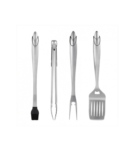Set 4 ustensile pentru gratar Flippy, din otel inoxidabil, cu agatatoare, rezistente la temperaturi ridicate, argintiu