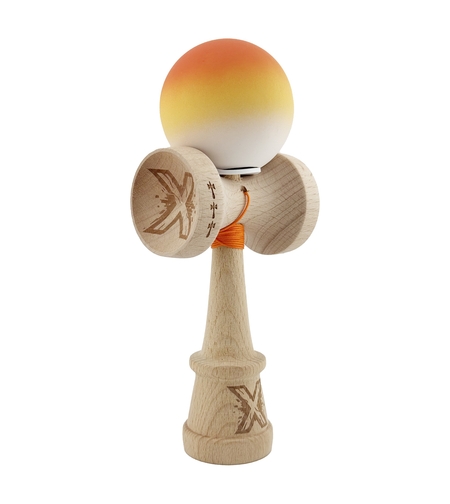 Kendama X Originala, Profesionala, Flippy, Cupe Mari KING SIZE V3, Rubber Grip, Gaura in Baza, Rulment Metalic, din lemn 18 cm, Ata 62/65 cm, Gradient Portocaliu/Galben/Alb