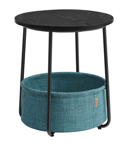 VASAGLE Masuta de cafea rotunda cu cos de stofa, stil modern, 45x50cm, negru cu turcoaz inchis