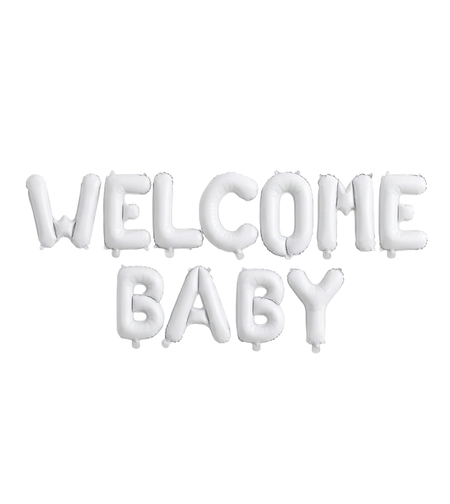 Set Baloane din Folie Metalizata, Flippy, Figurine Litere, Model Welcome Baby, Tema Aniversare, 40 cm, Ambalaj Individual, Pai inclus, Umflare cu Aer sau Heliu, Alb