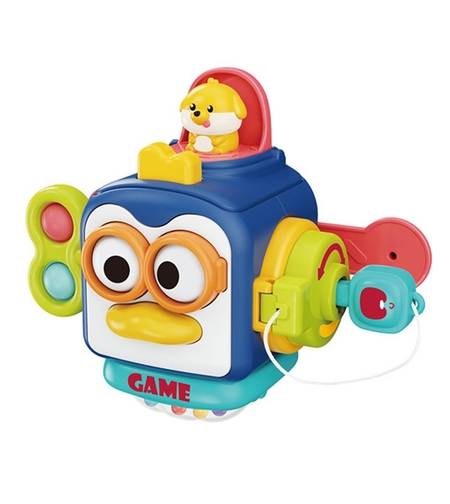 Jucarie interactiva Montessori, Flippy, Jucarie pentru Bebelusi, Model Pinguin Ocupat, din Plastic rezistent, Varsta 18+ luni, 13 x 11 x 11 cm, Albastru/Multicolor