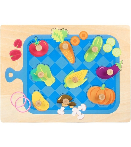 Puzzle Montessori din Lemn pentru Copii, Flippy, 3D, 0-3 Ani, Model Legume, Educativ, Intuitiv, Creativ, 9 Piese, 30x22.5x0.8 cm, Multicolor