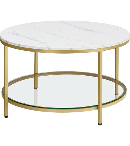 VASAGLE Masa de cafea rotunda cu blat din imitatie de marmura, polita suplimentara din sticla, 80x45cm, alb si auriu
