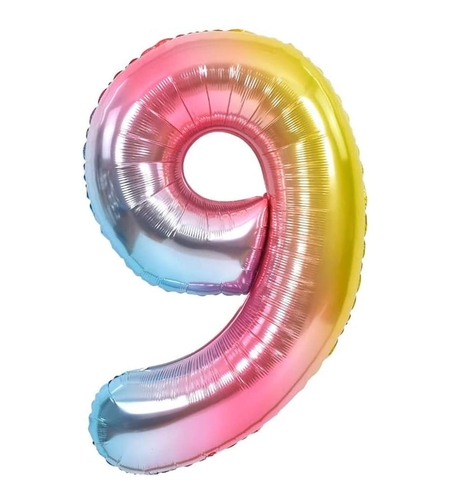 Balon din Folie Metalizata Gradient Flippy, Figurina Cifra, Tema Aniversare 100 cm, Ambalaj Individual, Pai inclus, Umflare cu Aer sau Heliu, Multicolor, Cifra 9