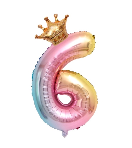 Balon din Folie Metalizata, Flippy, Figurina Cifra Gradient, Tema Aniversare 80 cm, Ambalaj Individual, Pai inclus, Umflare cu Aer sau Heliu, Coronita, Cifra 6