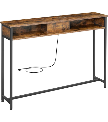 VASAGLE Masa tip consola ingusta, cu 2 prize si 2 porturi USB incorporate, 120x25x81 cm, maro rustic