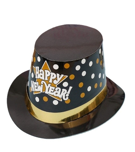Palarie Tip Lincoln, Flippy, Model Happy New Year cu Buline, Accesoriu Petrecere de Anul Nou, Marime Universala, din Carton, Negru/Auriu