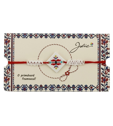 Martisor Traditional Bratara Norocoasa, Jolie, Model Romb Multicolor, Bratara Martisor pentru Copii, din Plastic/Textil, Snur Alb/Rosu