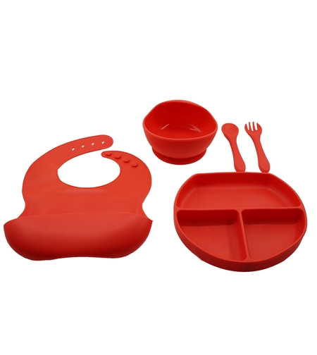Set 5 piese diversificare bebelusi si copii din silicon Flippy, baveta, farfurie compartimentata cu ventuza, bol cu ventuza, tacamuri, fara alergeni, rosu