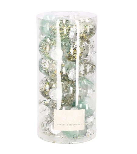 Set globuri de Craciun Inedit, 24 bucati, 5cm, transparente si verde