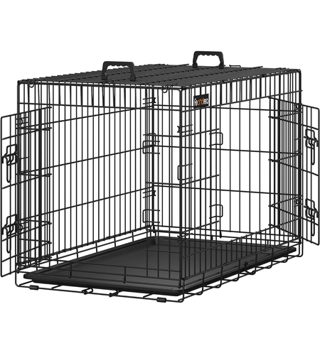 FEANDREA Cusca pentru animale, 2 usi, pliabila din metal, tava detasabila, L, 93x58x64cm, negru
