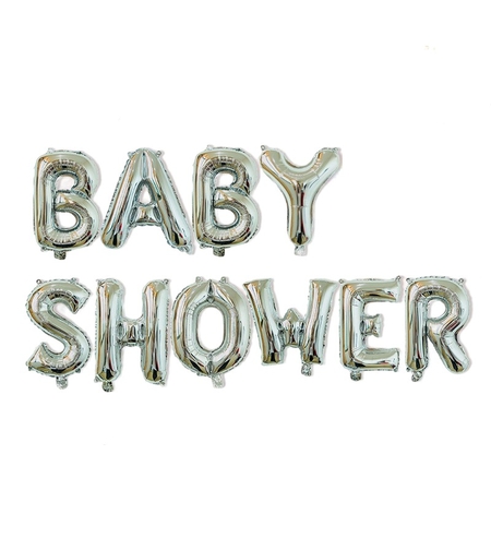 Set Baloane din Folie Metalizata, Flippy, Model Baby Shower, Litere de 40 cm, Baloane Party, Ambalaj Individual, Pai, Ata si Adeziv Incluse, Umflare cu Aer sau Heliu, Argintiu