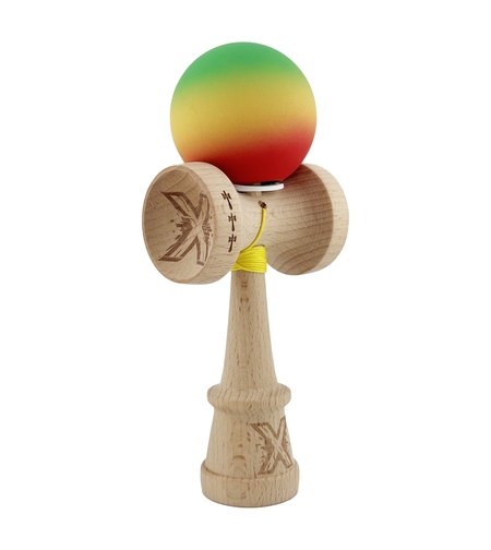 Kendama X Originala, Profesionala, Flippy, Cupe Mari KING SIZE V3, Rubber Grip, Gaura in Baza, Rulment Metalic, din lemn 18 cm, Ata 62/65 cm, Gradient Verde/Galben/Rosu