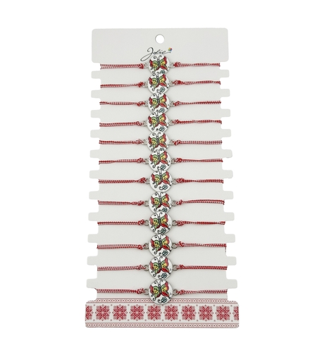 Bratara Martisor pentru Dama, Jolie, Model Fluture, Set 12 bucati, Pandativ din Aliaj cu Print Traditional, Snur Ajustabil Impletit, Alb/Rosu