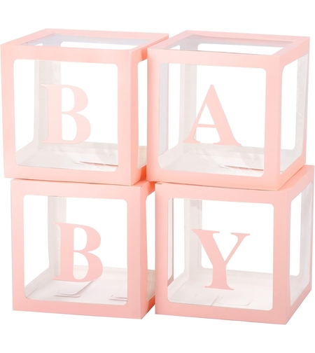 Set 4 Cutii pentru Baloane, Flippy, Model Scris Baby, Tematica Iubire, Cuburi Decorative din Plastic, Accesorii pentru Petrecere, 30 x30 cm, Transparente Contur Roz