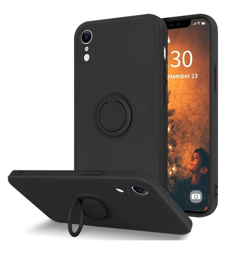 Husa protectie Vafy compatibila cu Apple iPhone XR Liquid Silicone Ring cu suport rotativ Negru