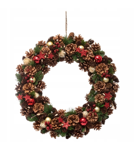 Coronita decorativa cu frunze si conuri, diametru 50 cm, multicolora