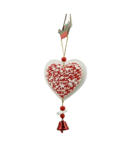 Ornament de brad inima din tweed, Flippy, alb/rosu, lemn, 18 cm